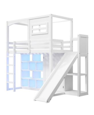 Wood Twin Size Loft Bed with Wardrobe, Storage Shelves, Slide and LED