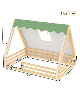 Full Size House Floor Bed with Tent and Light, Solid Wood Teepee Design