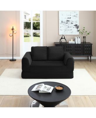 2-in-1 Folding Convertible Sofa Bed, Modern Corduroy Sleeper Couch with 2 Pillows, Black