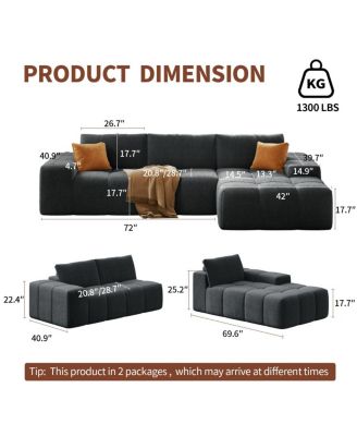 L-shaped modular sofa, no assembly, deep seat, 3 cushions, soft fabric upholstery