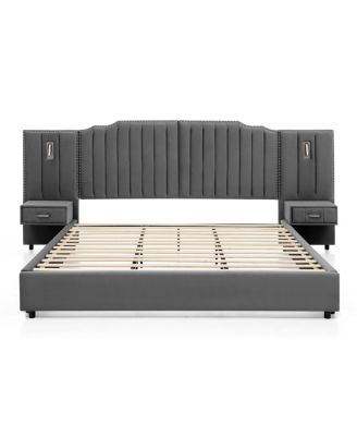King Size Velvet Upholstered Bed Frame with Vertical Stripes & Headboard