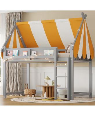 Full Size Loft Bed with Canopy, LED Lights & Book Shelf