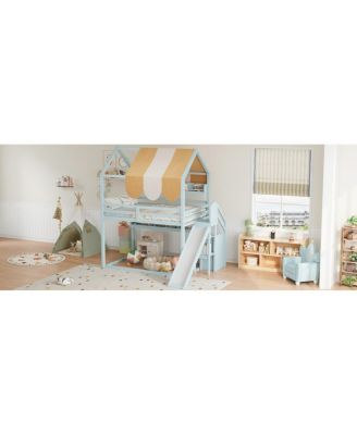 Full Size house Bed with Canopy, Slide & Built-In Bookshelves