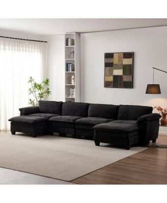  Living Room U Shape Sofa with Two Ottomans - Black Chenille