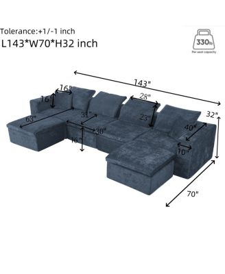  143" Cloud Sectional Couch with Comfy Chaise, U-Shaped Modular Sofa, Blue