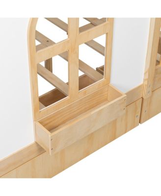 Full Size House Bed with 2 Large Drawers, Side Bookshelf with LED Strip, Natural