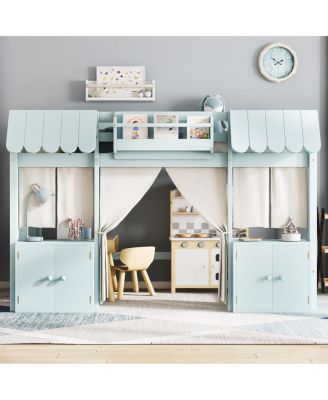 Streamdale Twin Loft Bed with Bookshelf, Curtain, Storage, Playful Design, Blue
