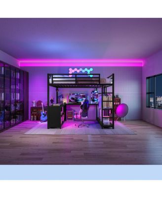 Metal Loft Bed with Wardrobe & L-shaped Desk, Queen Size