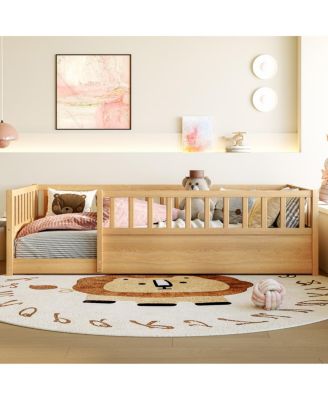 Twin Size Montessori Floor Bed with High Security Barrier and Door, Natural