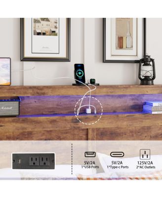 Wood Queen Platform Bed Frame with Storage, LED Headboard, USB