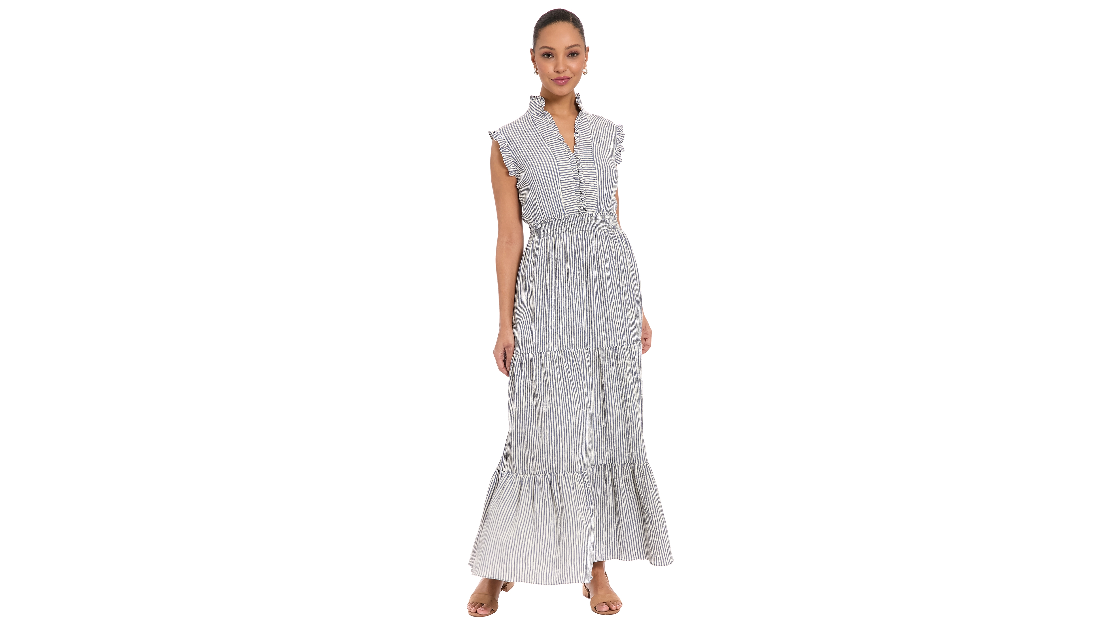 London Times Women's Striped Tiered Ruffle-Trim Maxi Dress