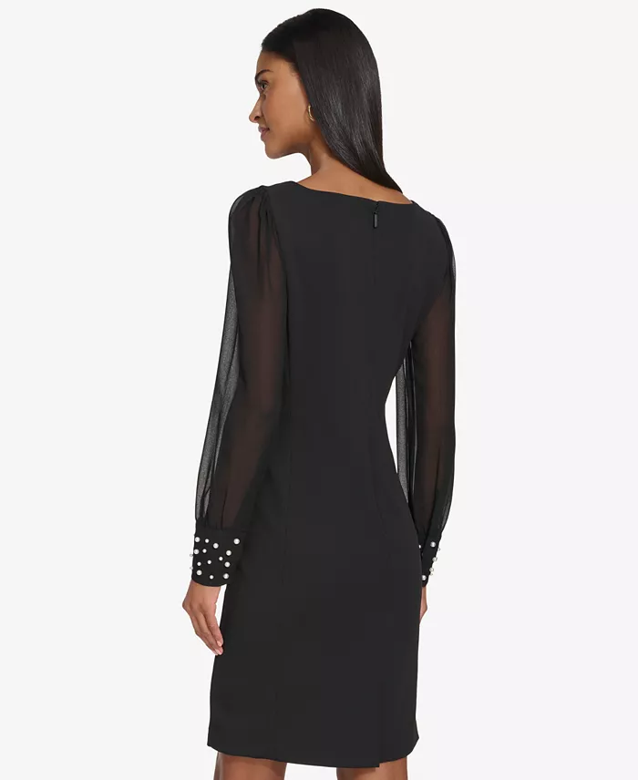 Women's Illusion-Sleeve Beaded-Cuff Dress - thumbnail 5