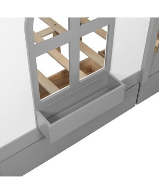 Full Size House Bed with 2 Large Drawers, Side Bookshelf with LED Strip