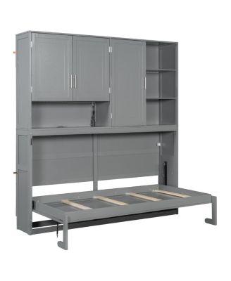 Twin Size Wall Murphy Bed with Cabinet, Shelves, Light & USB