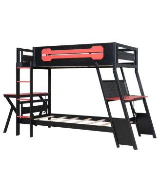 Twin Size Gaming Bunk Bed with Desks & USB Ports