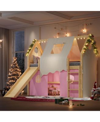 Twin Size House Loft Bed with Slide, Lights, and Tents