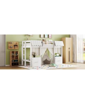 Twin Loft Bed with Bookshelf, Curtain, Storage, Playful Design