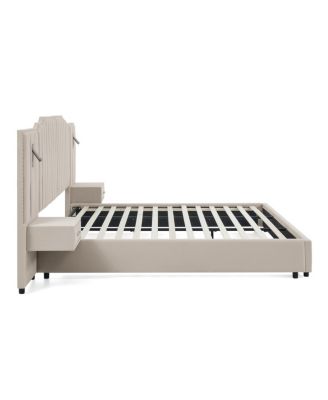 King Size Velvet Upholstered Bed Frame with Vertical Stripe Design