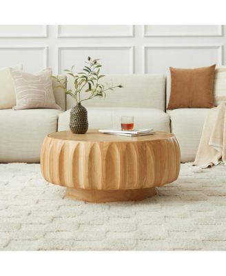 Round Solid Wood Carved Coffee Table with Elegant Sculptural Design