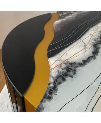 Black gold round mirror coffee table with marble pattern sticker side table