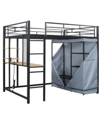 Loft Metal Bed with Desk,Shelves,Power Outlet,LED Light and Wardrobe - Full