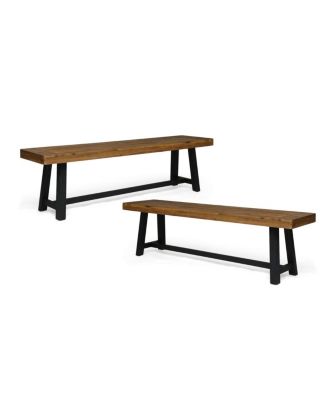 Acacia Outdoor Bench, Sandblast Teak Finish and Black, set of 2pcs