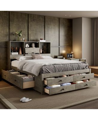 Platform Bed with Storage Headboard and 8 Drawers