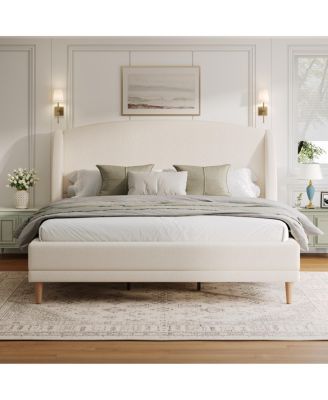 King Size Boucle Upholstered Bed Frame with Wingback Headboard