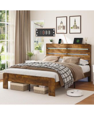 Queen Bed Frame with Storage, LED, Charging Station
