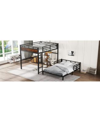 Queen over Queen Metal Bunk/Loft Bed with Security Fence, Vintage Wood-Colored