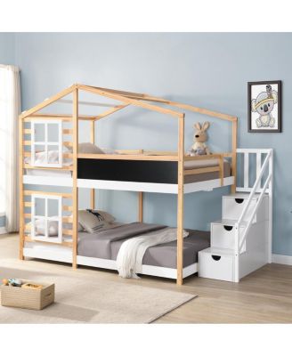 Full over Full Bunk Bed House Bed with Roof, Windows, Blackboard, Storage Ladder