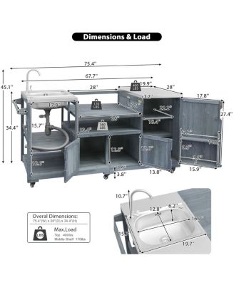 Outdoor Kitchen Island with Sink, Solid Wood Grill Cart for XL Green Egg, Rolling Bar Cart, Brown
