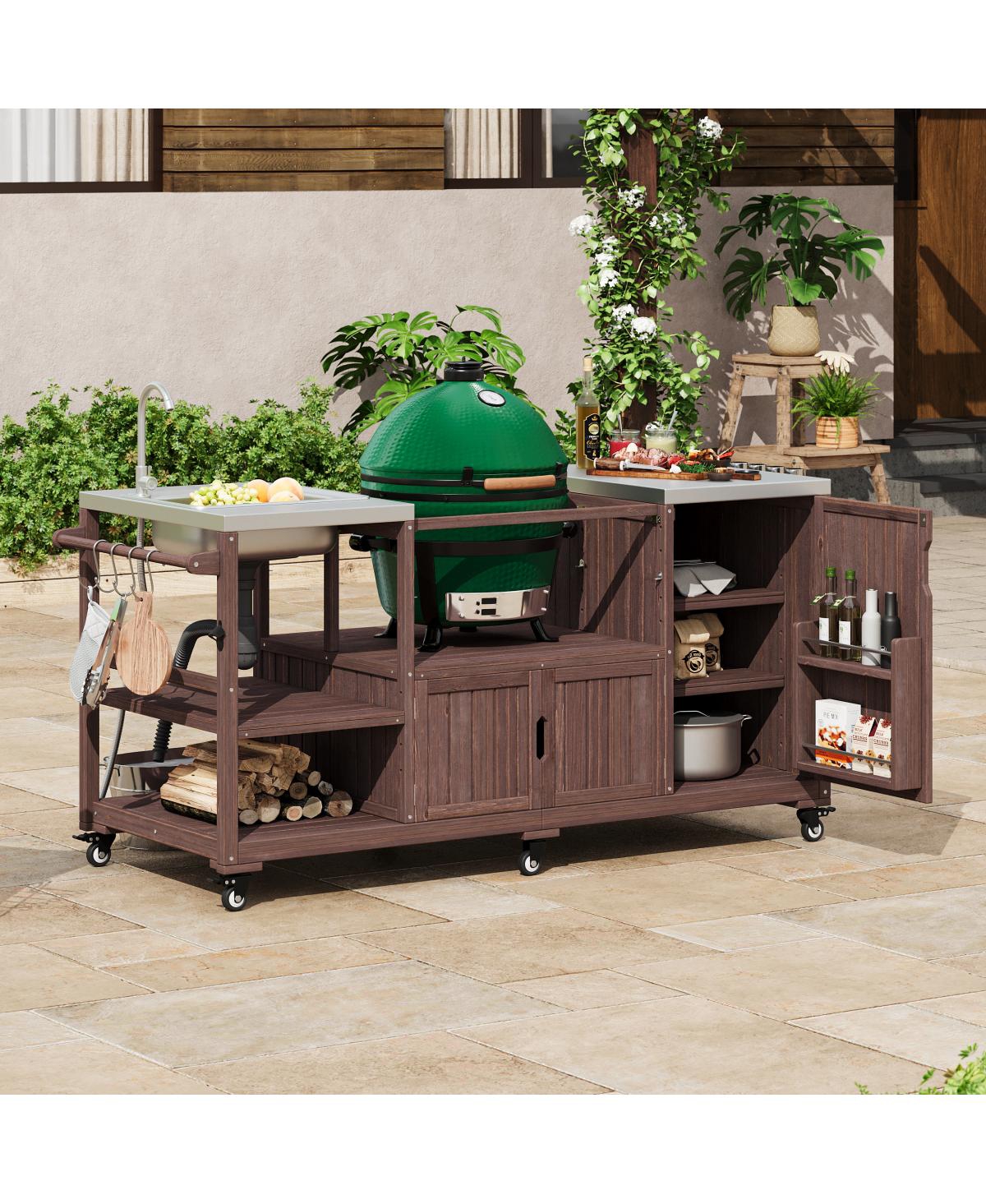 Streamdale Furniture Outdoor Kitchen Island with Sink, Solid Wood Grill Cart for Xl Green Egg, Rolling Bar Cart, Brown