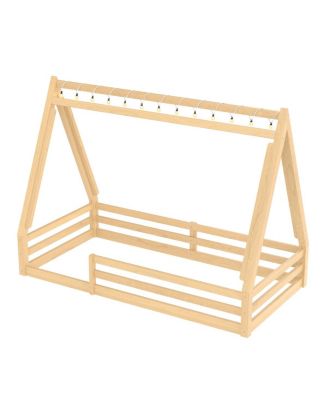 Twin Size House Floor Bed with Tent and Light, Solid Wood Teepee Design