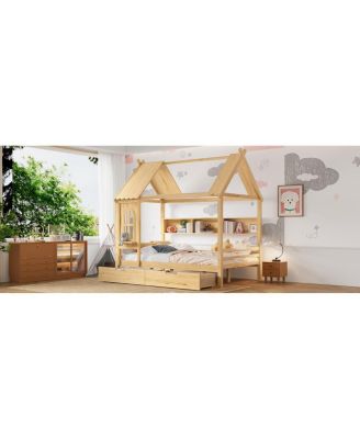 Full House Beds with Storage Drawers and Window, Solid Wood Platform Bed Frame