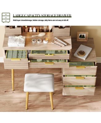 7-Drawer Vanity Desk with LED Mirror & Carved Details, Makeup Table with Stool