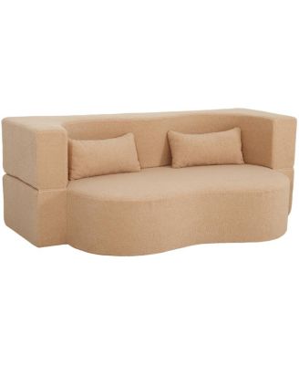 2-in-1 Convertible Sofa Bed, Full Size Folding Loveseat Couch with Teddy Fabric, Apricot
