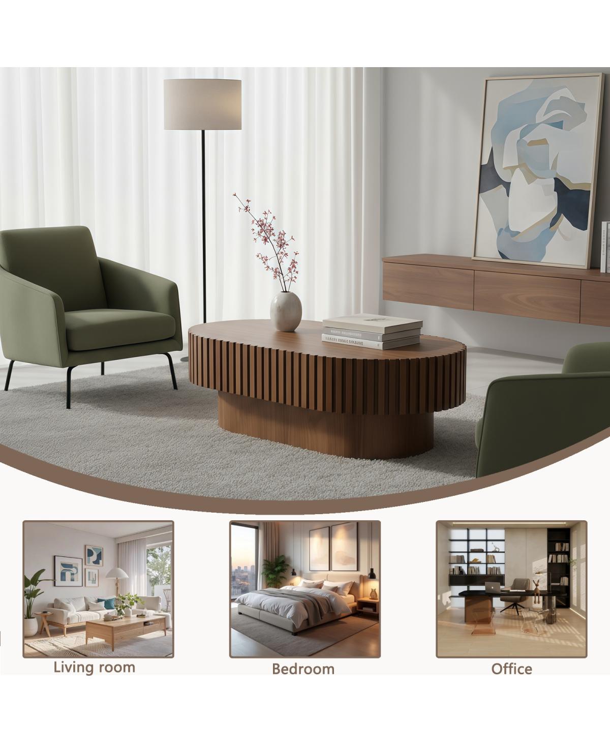 Streamdale Furniture Oval Mid Century Modern Fluted Wood Coffee Table, 43.1" Walnut