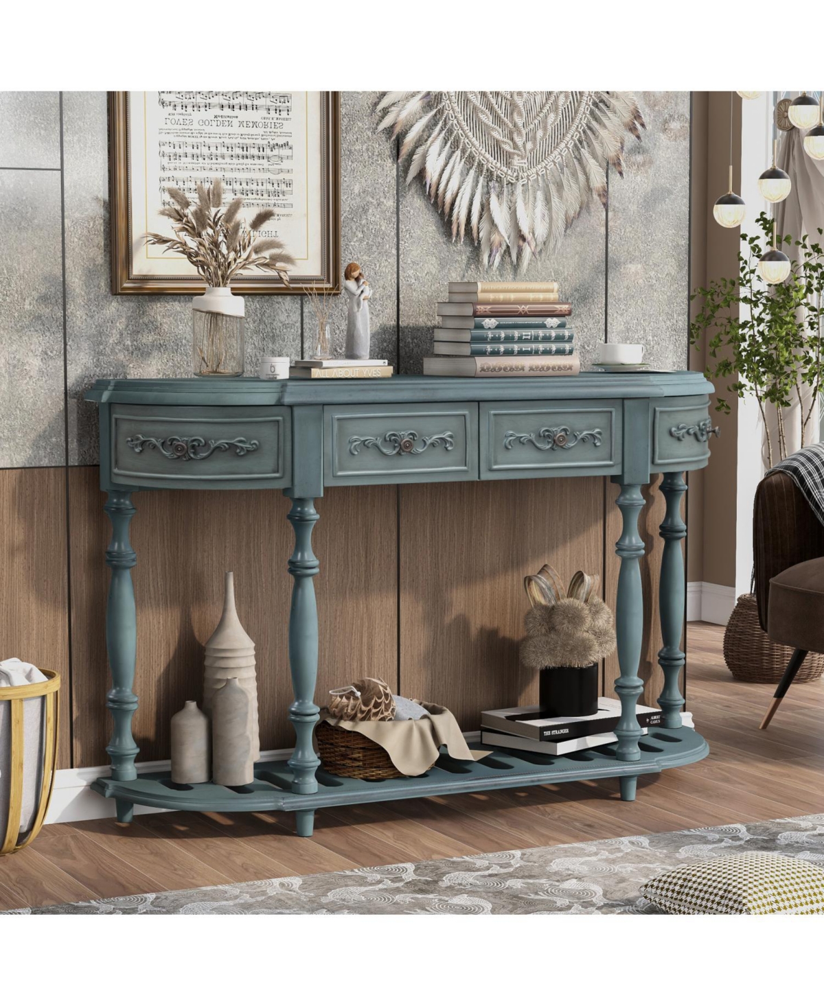 52''Modern and Contemporary Curved Console Table Sofa Entryway for Hallway Living Room with 4 Drawers 1 Shelf