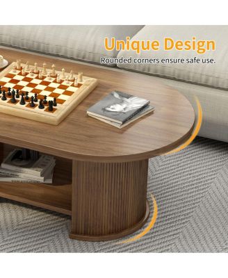 Oval Fluted Coffee Table, 47" Farmhouse Wood, Mid-Century 2-Tier with Storage