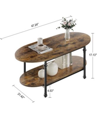 Farmhouse Oval Coffee Table, 2 Tier Center Table with Open Storage, Modern Industrial Tea Table