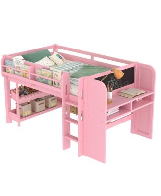 Twin Loft Bed with Multi-storage Bookcases, Boxes, Drawers, Desk, Blackboard