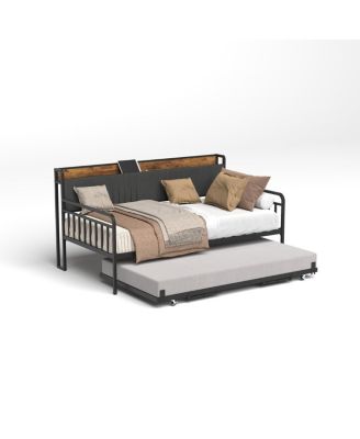 Daybed with Trundle, Metal Twin Bed Frame with Headboard & Charging Station