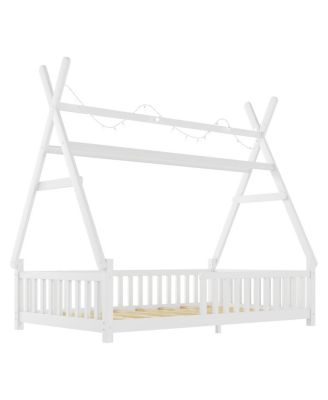 Twin House Bed with Light, Low Floor House Bed with Fence and Roof