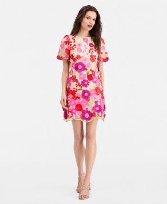 Women's Floral-Embroidered Puff-Sleeve Dress