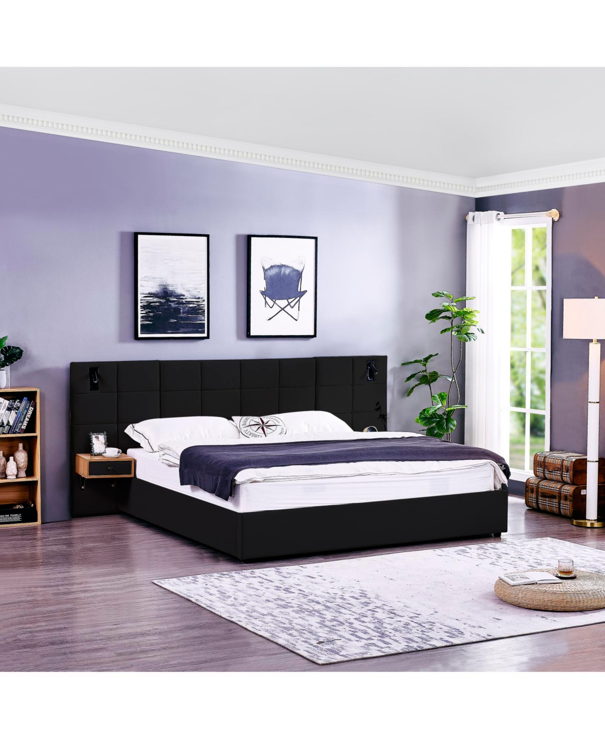 Streamdale Furniture King Velvet Storage Bed with Shelves, Lamps & Usb