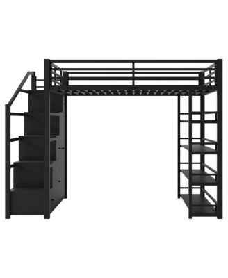 Metal Loft Bed with Storage Shelves, Cabinets and Wardrobe