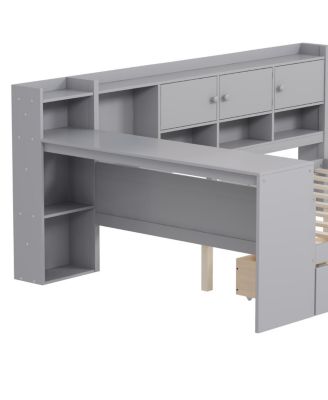 Full Size Daybed with Storage, Wooden L-Shape Bed Frame w/ Desk & Bookshelf