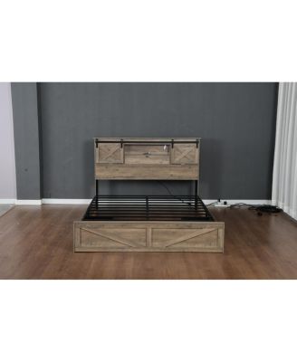 Farmhouse King Bed Frame with LED Lights, Charging Station & Storage Drawers