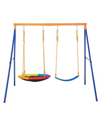 Backyard Swing Set, 440 lbs Load Capacity, A-Frame Metal Swing Stand with Saucer Swing Seat and Belt Swing Seat, Adjustable Rope